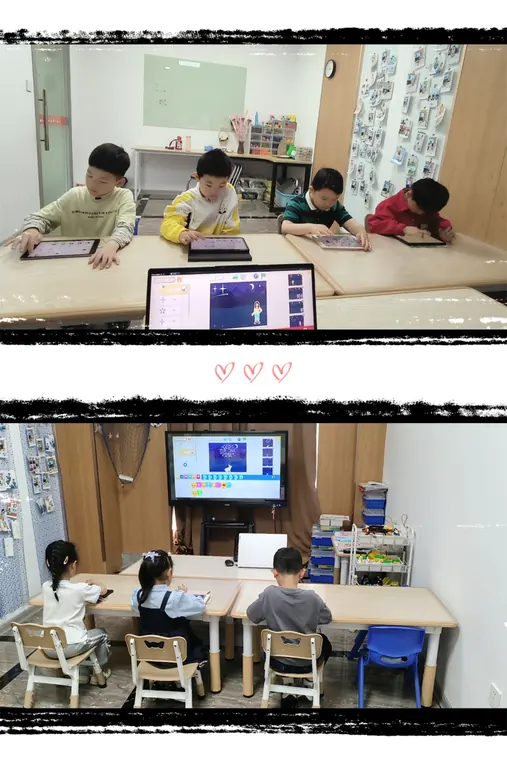 学员在平板上完成图形化编程任务的课堂拼图