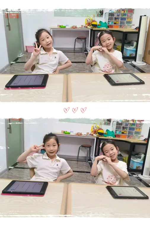 两名学员与各自的平板作品合影拼图